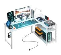 COMHOMA tavolo da gioco con ripiano, scrivania ad angolo con presa e porta di ricarica USB, scrivania per computer da 120 cm a forma di L, tavolo per PC per ufficio, ufficio domestico
