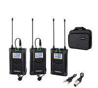 Comica CVM-WM100 PLUS Lega di zinco a 16 canali UHF Sistema di microfono doppio lavalier wireless ricaricabile per Canon Nikon Sony Fotocamera DSLR Panasonic, videocamera XLR e smartphone(2TX+1RX)