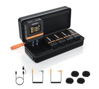 COMICA Vimo Q - Microfono Lavalier senza fili con 4 trasmettitori e 1 ricevitore, qualità audio 48 kHz/24 bit, cancellazione del rumore, portata 200 m, microfono a spina wireless per fotocamera