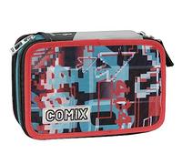 Comix FLASH - Astuccio 3 Scomparti Bambina e Bambino con Cancelleria Scuola Integrata e Vani Portapenne + Penna Cancellabile Frixion - Astuccio Scuola Organizer Grande, Rosso/Nero - 20x12Hx7