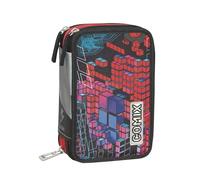 COMIX FLASH- Astuccio Scuola, Astuccio 3 Scomparti per Bambini e Bambine, con Set Cancelleria Completo, 5 Etichette Portanome e Pratiche Chiusure a Zip, 13x20Hx7 cm, Enjoy Genius