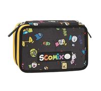 COMIX Scomix by Sio - Astuccio Scuola, Astuccio 3 Scomparti per Bambini e Bambine, con Set Cancelleria Completo, 5 Etichette Portanome e Pratiche Chiusure a Zip, 20x13Hx7 cm, Nero