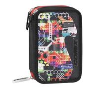 COMIX Wave - Astuccio Scuola, Astuccio con 3 Scomparti per Bambini e Ragazzi, con Set Cancelleria Incluso, 5 Etichette Adesive Portanome e Pratica Chiusura a Zip, 20 x 13H x 7 cm, Nero
