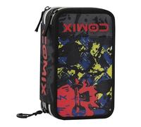 COMIX WBS - Astuccio Scuola, Astuccio 3 Scomparti per Bambini, con Set Cancelleria Incluso, Cover Rigida con Maxi Logo in Rilievo e Tirazip in Metallo, 20 x 13h x 7 cm, Skull