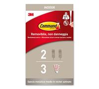 Command Ganci Adesivi Metallici in Nickel Spazzolato Medium, 2 Ganci e 3 Strisce- Appendi Abiti, Borse e Molto Altro da Parete o Porta senza Chiodi