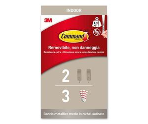 Command Ganci Adesivi Metallici in Nickel Spazzolato Medium, 2 Ganci e 3 Strisce- Appendi Abiti, Borse e Molto Altro da Parete o Porta senza Chiodi