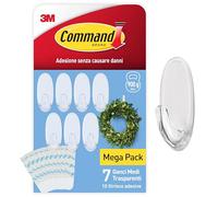 Command Ganci Medi Trasparenti Adesivi per Decorazioni Interne, 7 Ganci e 10 Strisce - Decora Senza Forare, Danneggiare il Muro o Lasciare Residui Appiccosi, Tenuta: 900g