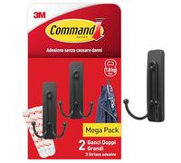 Command Gancio Adesivo Doppio Nero Grande, 2 Ganci e 3 Strisce- Appendi Abiti, Cappelli, Sciarpe, Borse e Altro da Parete o Porta senza Chiodi