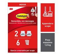 Command Gancio Porta Scopa da parete, 2 Ganci e 6 Strisce Adesive - Ideali per Appendere Scope e Spazzole senza Forature o Danneggiare il Muro