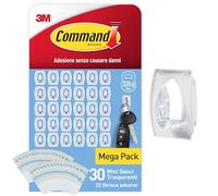 Command Mini Ganci Adesivi Trasparenti per Decorazioni Interne, 30 Ganci e 32 Strisce - Senza Forare, Danneggiare il Muro o Lasciare Residui Appiccosi, Tenuta: 225g