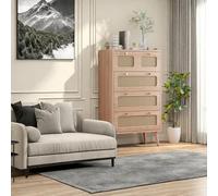Commode en rotin avec 5 tiroirs, buffet haut, commode en bois, meuble polyvalent pour couloir, chambre, salon, salle de bain, 60 x 91 x 34 cm