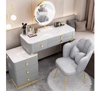 Commoditario per trucco a LED con specchio touch screen tricolore, cassetto regolabile e sgabello con cuscinetto morbido - Stazione di bellezza femminile alla moda (Grigio, 80cm/31.5in)