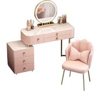Commoditario per trucco a LED con specchio touch screen tricolore, cassetto regolabile e sgabello con cuscinetto morbido - Stazione di bellezza femminile alla moda (rosa, 80cm/31.5in)