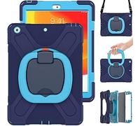 Commute Case per iPad 6/Air2, custodia resistente agli urti per bambini con pellicola protettiva 3 in 1, paraurti antiurto con supporto ad anello a 360°, tracolla (blu navy + blu)