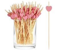 COMNICO 100 stuzzicadenti a forma di cuore, 11,9 cm, rosa, carini, mini spiedini in legno di bambù, colorati, per la decorazione di alimenti, cocktail, antipasti, torte di frutta, dessert, barbecue,