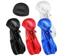 COMNICO 4 tappi ondulati in seta e 1 cappello rotondo Durag in seta, extra lungo, senza pieghe, ultra morbido, comodo, elastico per uomini e donne, Nero, Argento, Blu, Rosso, Taglia unica