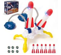 Comnonage Lanciatore a pressione dell'aria per esterni, con pompa a pedale, set da 2 giocatori con supporto regolabile e 6 razzi in schiuma morbida, fino a 35 m, per giochi all'aperto in giardino e