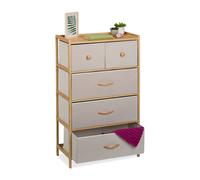 Relaxdays Cassettiera Camera da Letto, Comò 5 Cassetti in Tessuto, HLP: 94x58x32,5 cm, Struttura in bambù Naturale Beige