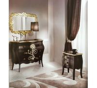 COMO' COMODINI BOMBATI CON SPECCHIO CON RILIEVO COLORE NERO E FOGLIA ORO