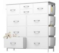 Comò con 10 cassetti, per camera da letto, comò in poliuretano con tasche laterali, ganci, piano in legno e robusta struttura in metallo per soggiorno, armadio, corridoio (bianco)