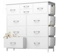 Comò con 10 cassetti, per camera da letto, comò in poliuretano con tasche laterali, ganci, piano in legno e robusta struttura in metallo per soggiorno, armadio, corridoio (bianco)