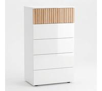 Comò Settimino 5 Cassetti Settimanale Alto Salvaspazio Mobile Mobiletto Cassettiera Design Per Camera da Letto Ingresso Corridoio Moderno Scandinavo 109 x 61 x 40 Cm Bianco E Rovere Listato