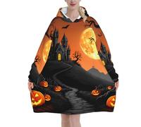 Comoda coperta con cappuccio per uomo e donna, casa stregata e zucca nella notte di Halloween, calda felpa oversize in flanella, perfetto regalo per l'abbigliamento invernale da casa