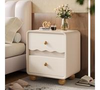 Comodino A 2 Cassetti Con Gambe E Maniglie in Legno -Guide Per Cassetti Silenziose A Tre Sezioni, Similpelle | Tavolino Laterale Moderno Con Motivo A Onde Per Camera Da Letto , 45x40x50CM,White