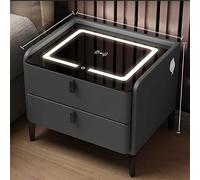 Comodino a LED con cassetto e altoparlante integrato, luce LED tricolore, blocco impronte digitali, grigio scuro, 40 x 40 x 46 cm/16 x 16 x 18 cm, arredamento moderno per camera da letto