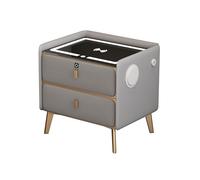 Comodino a LED con stazione di ricarica in vetro temperato, 2 cassetti bloccabili con accesso alle impronte digitali, altoparlante Bluetooth, grigio, 50 cm, comodino moderno