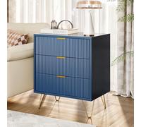 Comodino con 3 cassetti 60 x 40 x 70 cm, comodino moderno, design a righe verticali, piccola cassettiera con gambe e maniglie in metallo dorato, per soggiorno e camera da letto (blu scuro, A)