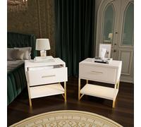 Comodino con LED RGB multicolore, 1 cassetto e ripiano, tessuto morbido velluto + metallo dorato, stile moderno e lussuoso, Beige