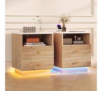 Comodino con luce LED e caricatore, comodo cassetti, set di 2 comodini 55 x 44 x 38 cm, tavolini ausiliari con 2 cassetti, mobile in legno, per soggiorno e camera da letto