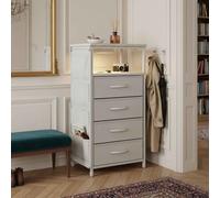 Comodino con stazione di ricarica e LED RGB, cassettiera 4 cassetti in tessuto, tavolino con porte USB, 80 cm, bianco/nero