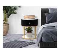 Comodino con struttura in metallo nero e cassetto in legno, MONTPELLIER, Dimensioni 42X42x h 48 cm - Peso 6.4 kg La struttura in metallo dorato e tessuto imbottito nero