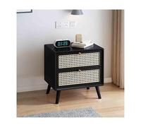 Comodino in legno rattan con struttura in legno massello, robusto e stabile, mobile per camera da letto con ampio spazio di archiviazione, finitura nera, 43 x 40 cm