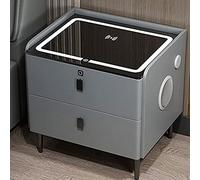 Comodino Intelligente con Luce LED, Ricarica USB, Ricarica Wireless, Blocco con Impronta Digitale e Altoparlante Integrato - Mobili per Camera da Letto Moderni in Grigio Chiaro, Design High-