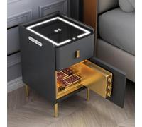 Comodino Intelligente con Ricarica Wireless E Stazione di Ricarica USB, Comodino Intelligente con Cassaforte, Luci A LED, Organizer per Comodino Intelligente Lucido per Camera da L, Dark Gray