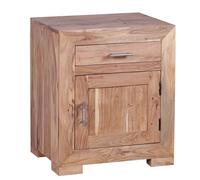 Comodino Mumbai in legno massiccio, design in acacacia, 60 cm, con cassetto e porta, comodino per letto a molle