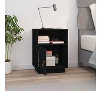 Comodino Nero 40x34x55 Cm Legno Massello Di Pino | 2 Scomparti, 1 Anta Con Manico In Similpelle, Anta Installabile A Sinistra O Destra, Piano Robusto