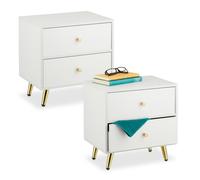 Relaxdays Comodino da Notte con Cassetti, 2 Tavolini Bassi Laterali Camera da Letto, HLP: 41,5x40x32,5 cm, Bianco Oro