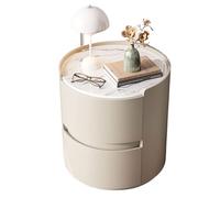 Comodino Rotondo, Comodino Moderno con 2 Cassetti Portaoggetti, Comodino In Legno Per Camera Da Letto, Comodino Esterno In Pelle, Comodino Portaoggetti per Soggior(Size:45x45x50cm,Color:Bianco sporco)