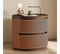 Comodino rotondo con sellino in pelle e noce, con cassetti a doppio strato, nessun montaggio richiesto