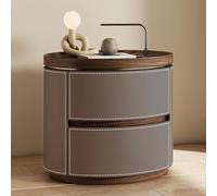 Comodino rotondo con sellino in pelle e noce, con cassetti a doppio strato, nessun montaggio richiesto