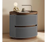 Comodino rotondo con sellino in pelle e noce, con cassetti a doppio strato, nessun montaggio richiesto