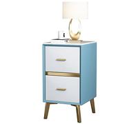 Comodino sottile con 2 cassetti in microfibra e pelle sinterizzata pietra per piccoli spazi, azzurro cielo e bianco puro, 40 x 35 x 55 cm, design moderno, soluzione salvaspazio