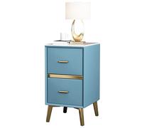 Comodino sottile | Tavolino in ecopelle con 2 cassetti | Comodino compatto con piano in pietra sinterizzata per piccoli spazi celeste 50 x 35 x 55 cm