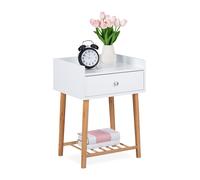 Relaxdays Model 1003 Comodino Stile Nordico, 2 Ripiani, Cassetto, Moderno, Camera da Letto, HBT: 55,5 x 40 x 35cm, Bianco/Naturale, Fibra di Legno
