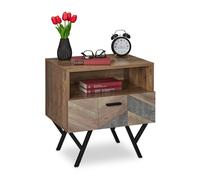 Relaxdays Comodino con Cassetto, Stile Industrial, Tavolino per Salotto e Camera da Letto, HLP: 53 x 50 x 42 cm, Marrone, Fibra di Legno