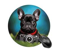 Comodo tappetino per mouse impermeabile con base in gomma antiscivolo, motivo: cucciolo di bulldog francese con macchina fotografica, tappetino per mouse rotondo stampato per computer portatile e uf